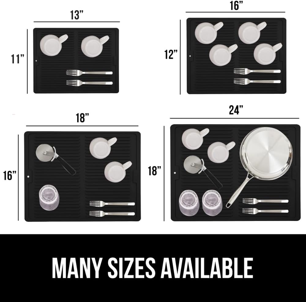 GORILLA GRIP 100% BPA-Free Patented Silicone Dish Drying Mat for Kitchen Counter, 18x24 Inch, Water Catching Ribbed Design, Easy Clean Waterproof Sink Liner, Heat Resistant, Fits Under Rack, Black