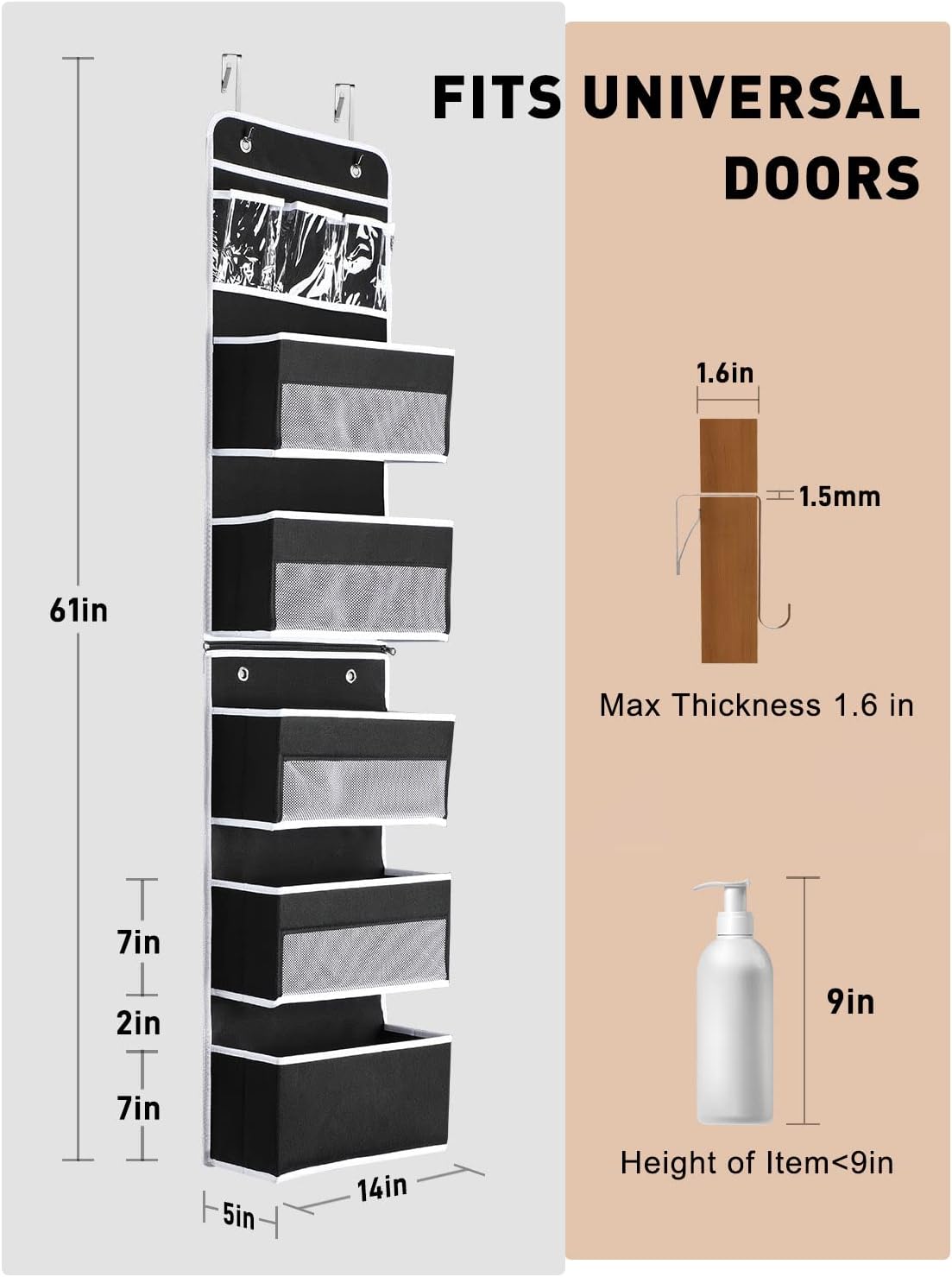 Yecaye 6-Tier Over The Door Storage Organizer, Flexible 1 Split into 2 Swing-Proof Hanging Bathroom Organizer, Bedroom Organizers and Storage for Newborn Baby Essentials, Black
