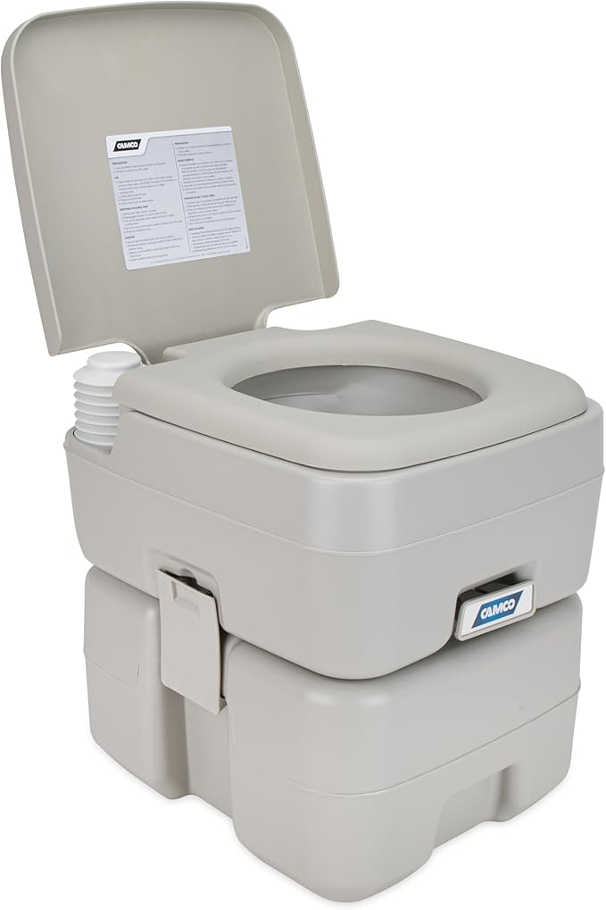 Camco 5.3-Gallon Portable Toilet - Features Detachable Holding Tank w/Sealing Slide Valve & Bellow-Type Flush - Easy Transport w/Compact Lightweight Design & Carry Handle - Gray (41541)