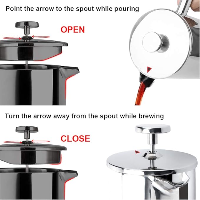 Secura French Press Coffee Maker, 304 Grade Stainless Steel Insulated Coffee Press with 2 Extra Screens, 17oz (0.5 Litre), Silver