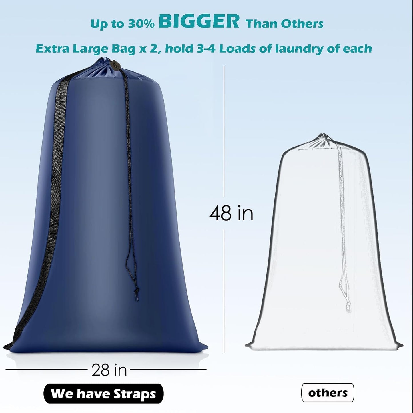 Heavy Duty Laundry Bag 2 Pack XL Nylon Laundry Bags with Straps, Washable Large Dirty Clothes Organizer with Drawstring Closure, Travel Washing Bag Fit a Laundry Hamper or Basket