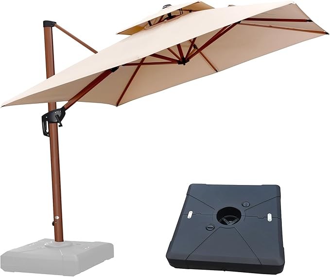 PURPLE LEAF Patio Umbrella with Base Outdoor Square Umbrella Large Cantilever Umbrella Windproof Offset Umbrella Heavy Duty Sun Umbrella for Garden Deck Pool Patio, 9ft Beige