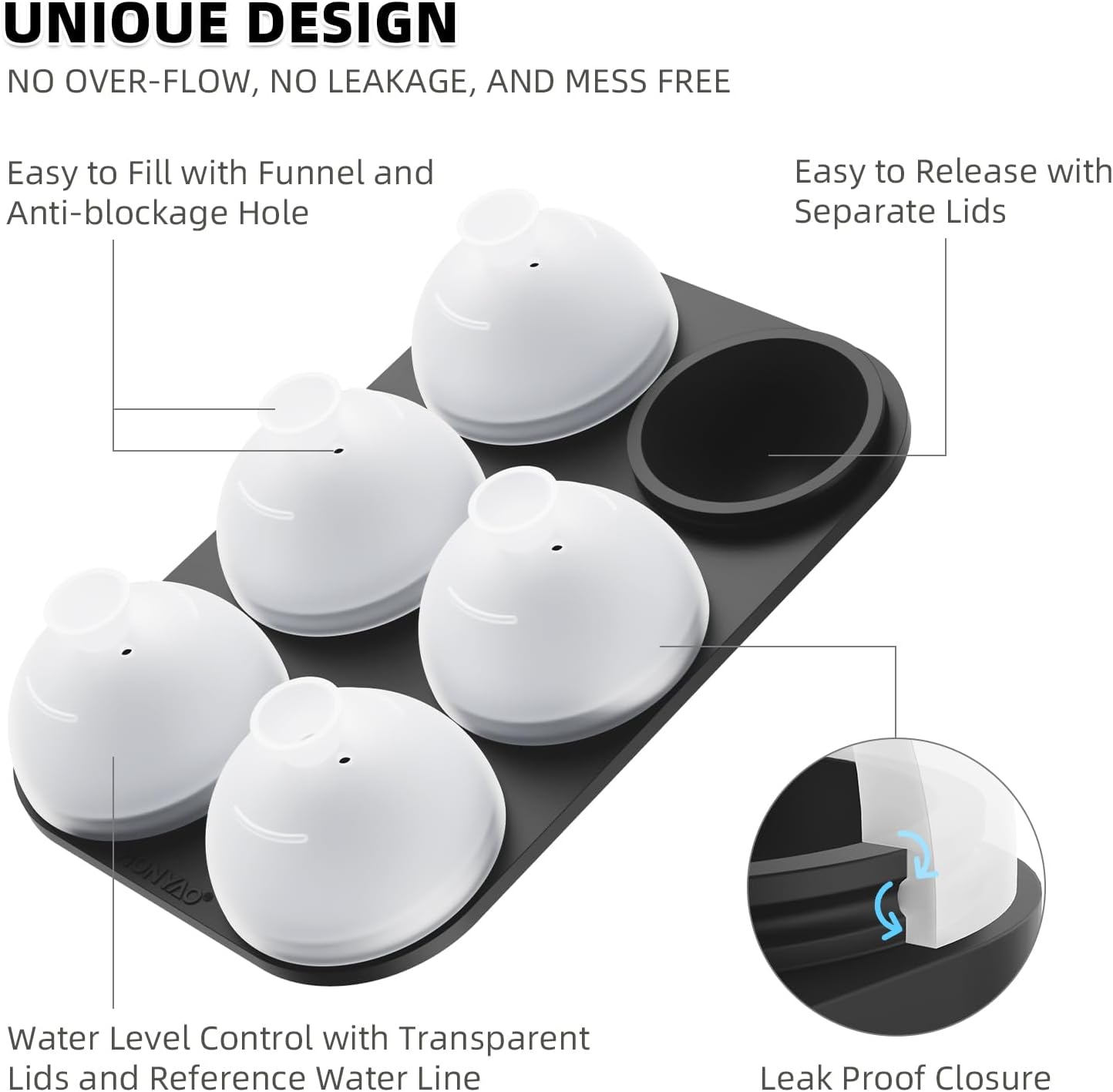 HONYAO Whiskey Cocktail Ice Mold, Easy Fill and Release Silicone Round Ice Ball Maker Mold Large Square Ice Cube Tray with Lid - 6 Ice Balls + 6 Ice Cubes Black