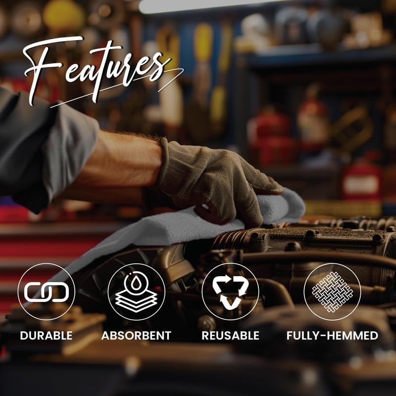 Shop Towels (White, 18 Rolls of 12 Pieces) Bulk Cleaning Towel in Bag, Mechanic Cotton Wipes for Car Maintenance, Auto Mechanics & Garage, Wipe Grease & Oil, Machine Wash & Reusable