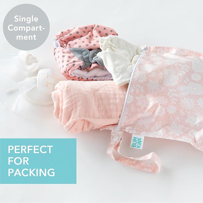 Bumkins Waterproof Wet Bag for Baby, Travel, Swim Suit, Cloth Diapers, Pump Parts, Pool, Beach, Gym Clothes, Toiletry, Hook to Stroller, Daycare, Zipper Reusable Wetdry Packing Pouch, Lace Pink