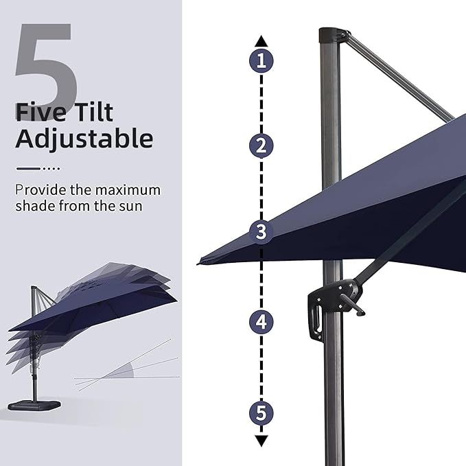 PURPLE LEAF 9' X 11.5' Cantilever Outdoor Rectangle Umbrella Patio Umbrella with Base Offset Umbrella with 360-degree Rotation for Garden Pool Deck Patio Navy Blue