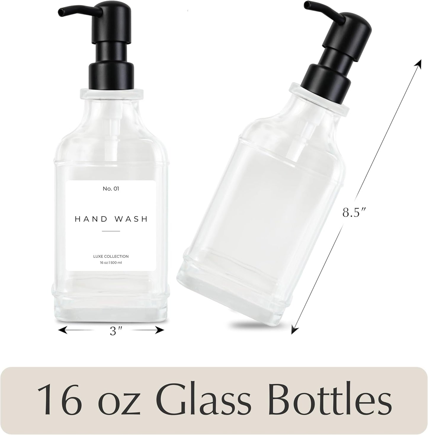 Emerson Essentials Glass Soap Dispenser Set – 16 oz 2-Pack – Refillable Dish & Hand Soap Dispensers for Kitchen or Bathroom – Stainless Steel Pump & 5 Waterproof Labels