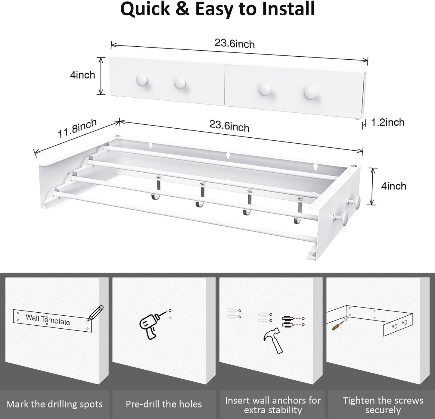 Drying Rack Clothing,Clothes Drying Rack Wall Mounted,Laundry Drying Rack Wall Mount,Foldable,Collapsible,60 lb Capacity 4 Aluminium Poles with 8 Hooks,Space Saving Clothes Drying Rack,White 23.6"