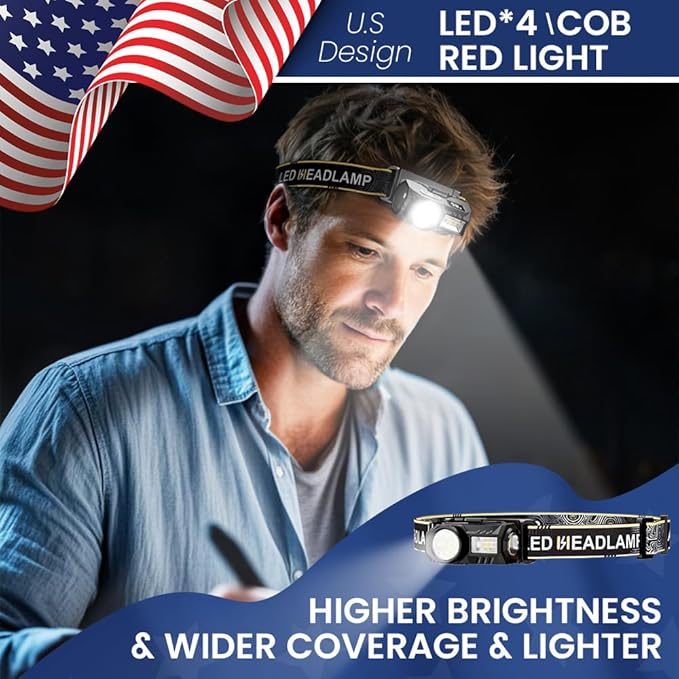 LED Headlamp Rechargeable with Motion Sensor - Super Bright Head Lamp with 6 Modes for Camping & Hiking Gear Essentials, IPX4 Waterproof Headlight Flashlight with Red Light, USB Cable Included(Green)