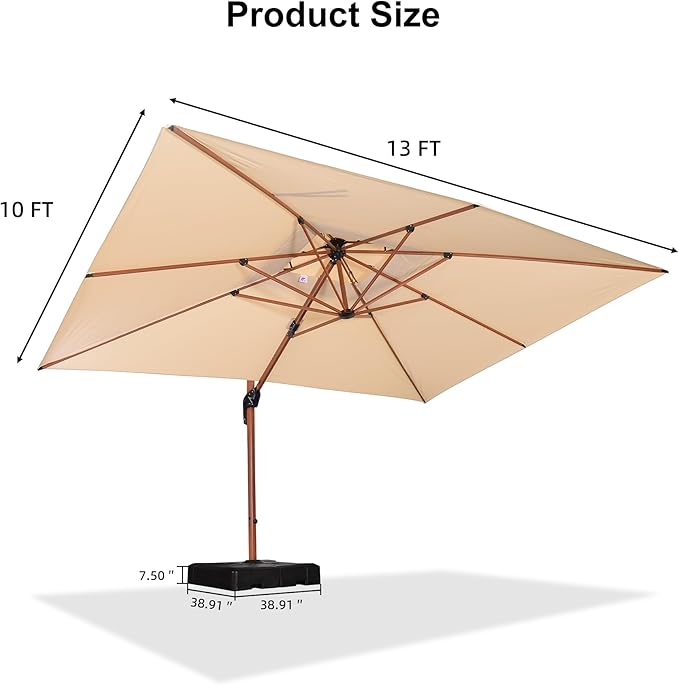 PURPLE LEAF 10' X 13' Double Top Deluxe Wood Pattern Rectangle Patio Umbrella with Base Offset Hanging Umbrella Outdoor Market Umbrella Garden Umbrella, Beige