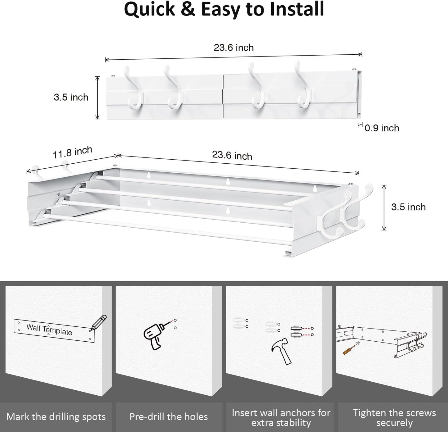 Laundry Drying Rack, Collapsible Wall Mounted Clothes Drying Rack - Foldable,Space Saving, 13.2 Linear Ft, 4 Aluminum Rods, 60 lb Capacity (White, 23.6" Wide)