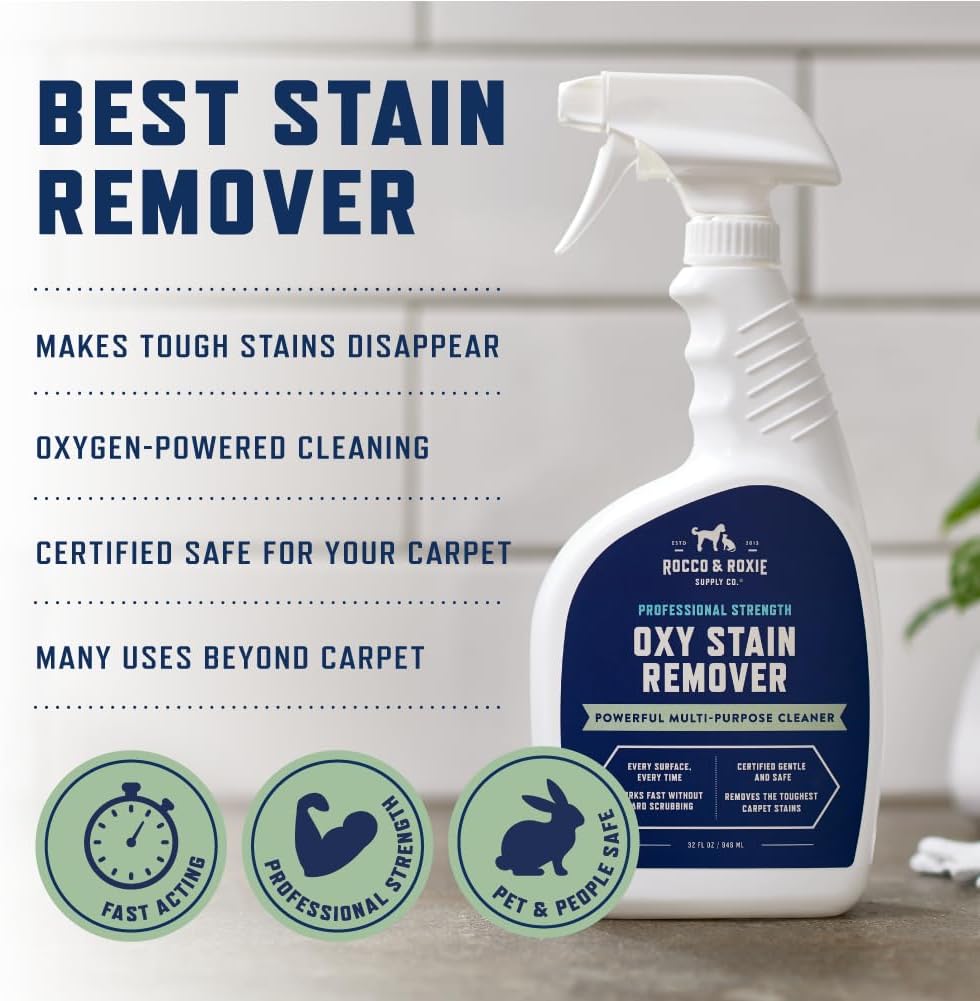 Rocco & Roxie Oxy Stain Remover - Oxygen Powered Carpet Cleaner Spray - Pet Stain Remover for Carpet, Spot Cleaner for Upholstery, Couch, Laundry, Rug, Clothes, Car Seat, Mattress, Sofa, and More