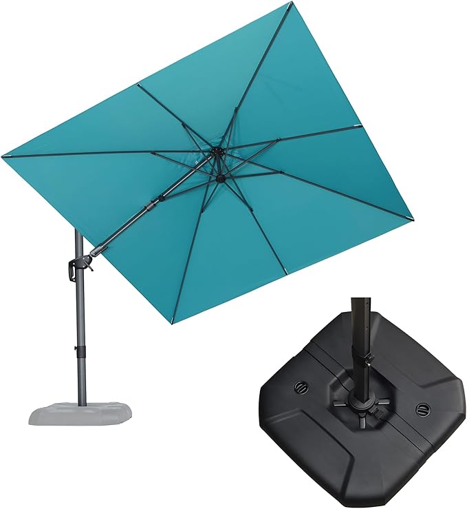 PURPLE LEAF 9.8' X 9.8' Tilting Patio Umbrella with Base Outdoor Cantilever Swivel Square Umbrella with Tilt Aluminum Offset Umbrella with 360-degree Rotation for Garden Deck Pool Patio Turquoise Blue