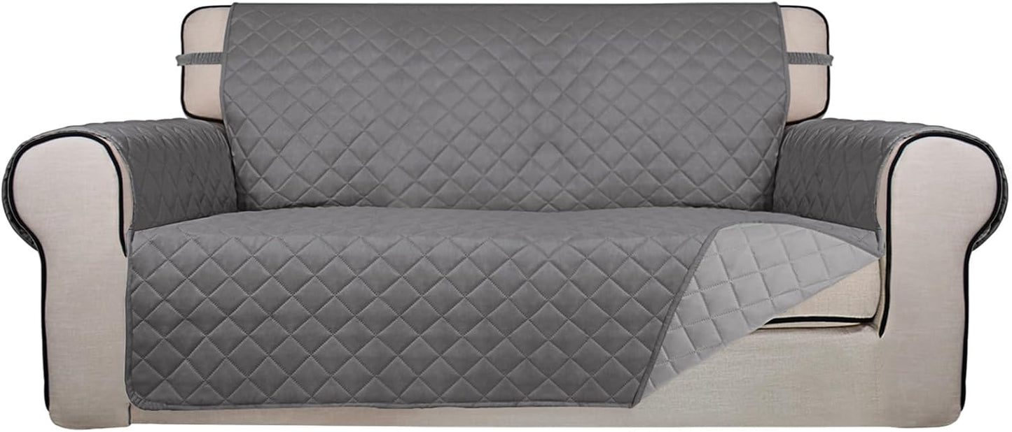 PureFit Reversible Quilted Sofa Cover, Water Resistant Slipcover Furniture Protector, Washable Couch Cover with Non Slip and Elastic Straps for Kids, Dogs, Pets (Oversized Loveseat, Gray/Light Gray)