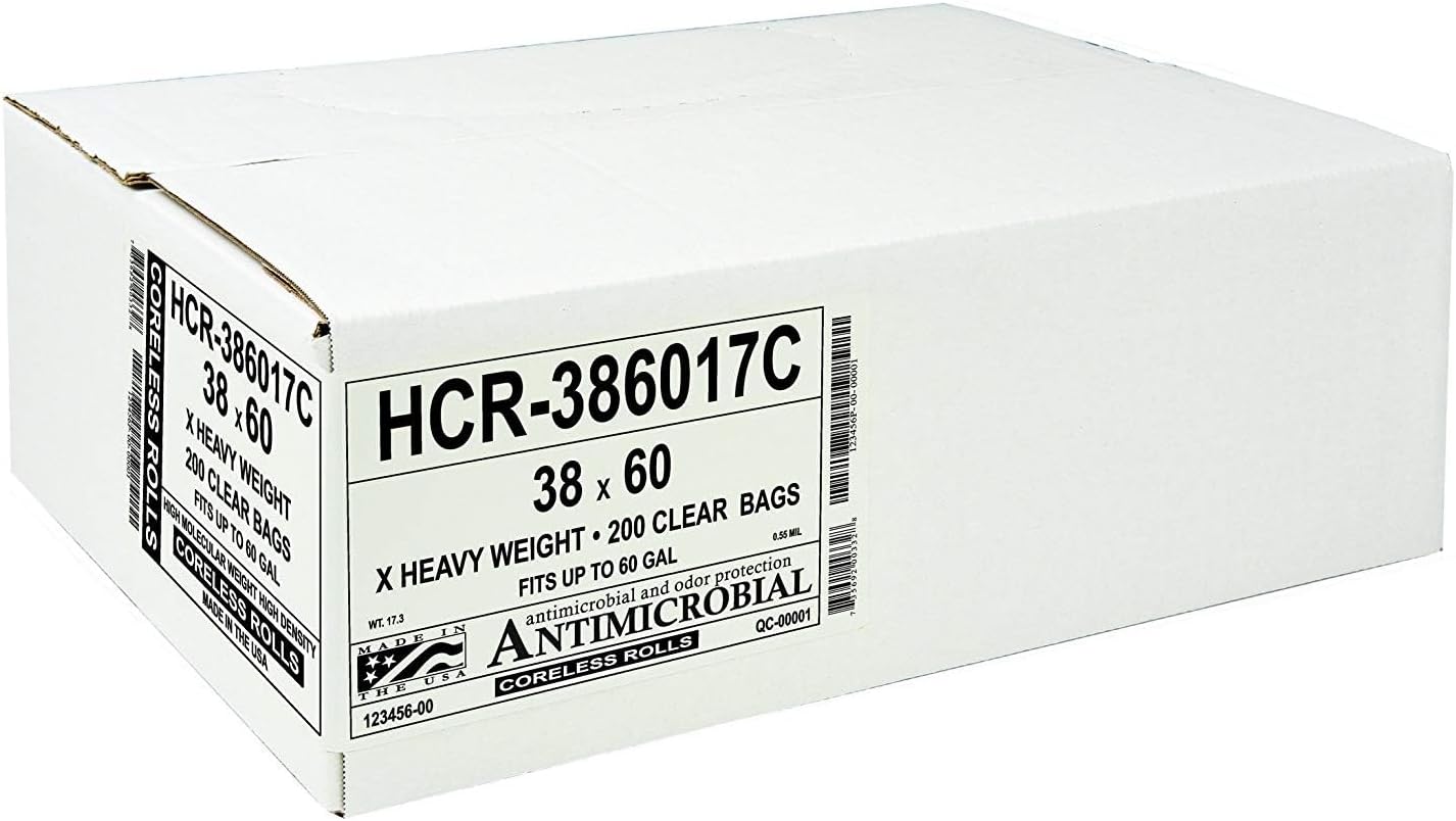 Aluf Plastics High Density Trash Bags, 60 Gallon, 200 Count, 14 Micron (eq), 38" x 60", Clear, for Bathroom, Office, Industrial, Commercial, Janitorial, Municipal, Recycling