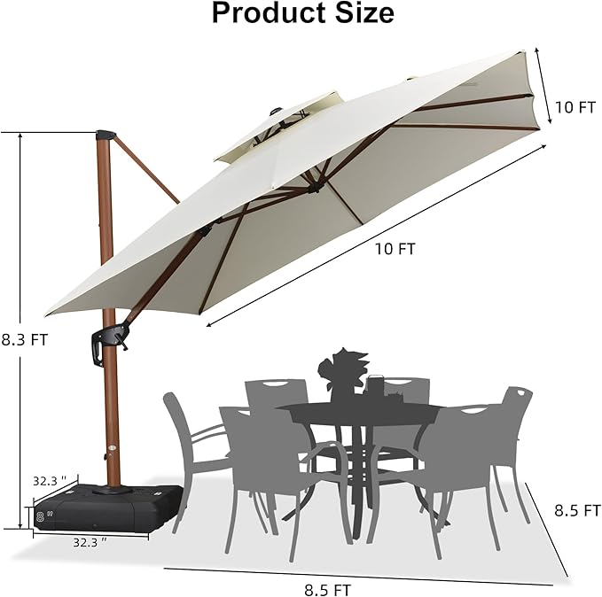 PURPLE LEAF 10ft Patio Umbrella with Base Outdoor Square Umbrellas Large Cantilever Umbrella Windproof Offset Heavy Duty Sun Umbrellas for Garden Deck Pool Patio, Cream