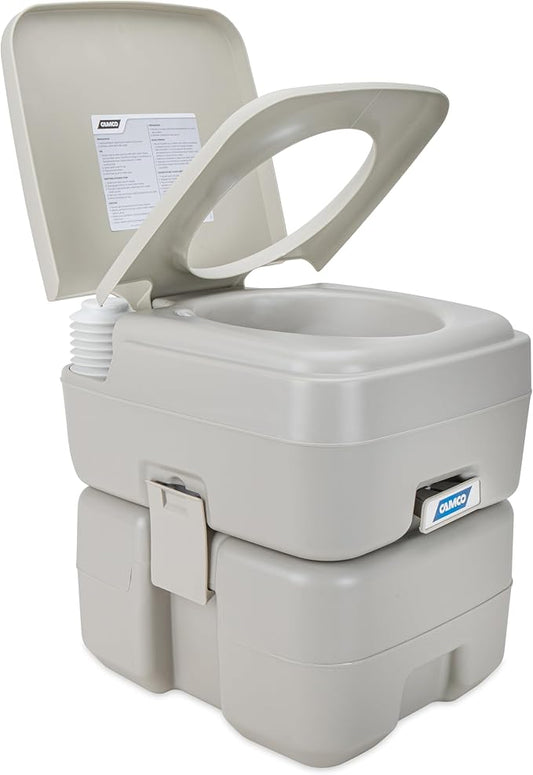 Camco 5.3-Gallon Portable Toilet - Features Detachable Holding Tank w/Sealing Slide Valve & Bellow-Type Flush - Easy Transport w/Compact Lightweight Design & Carry Handle - Gray (41541)