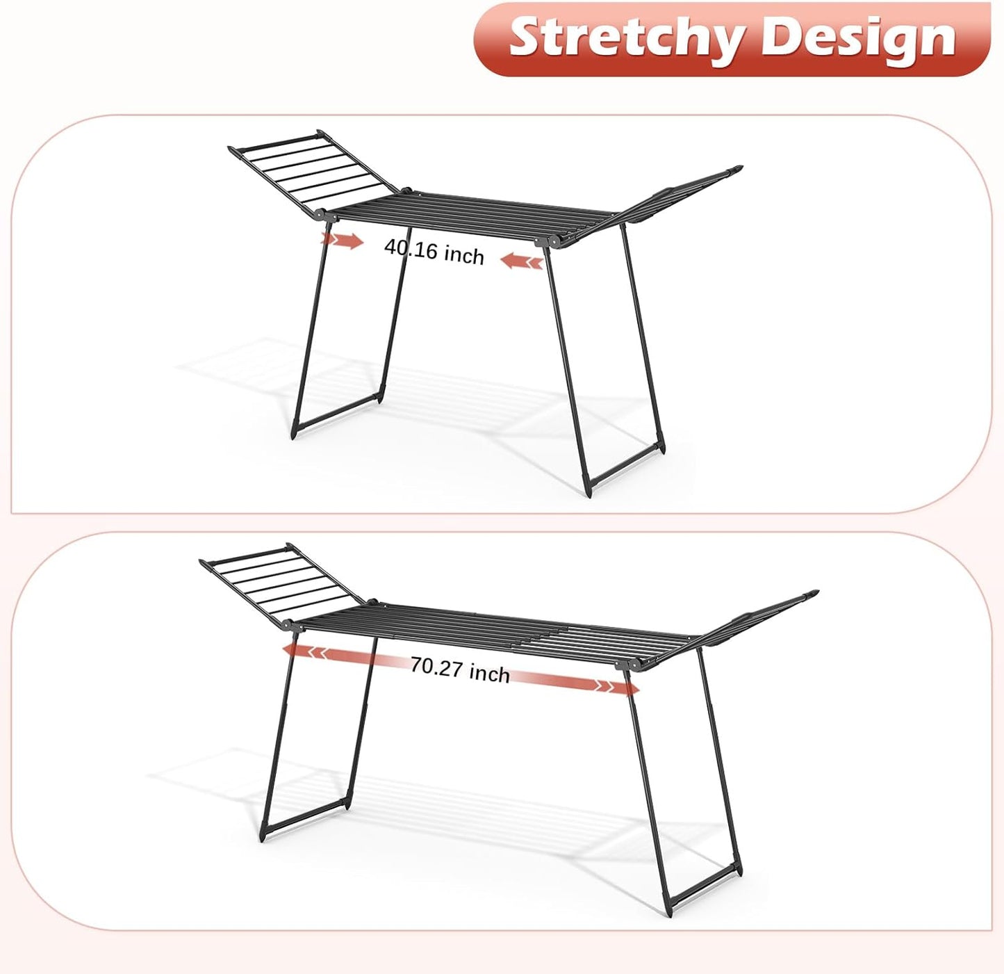 APEXCHASER Clothes Drying Rack Foldable, Large Drying Rack Clothing Retractable, Metal Clothes Airer for Bedding Towel Sweater Heavy Duty, Indoor Outdoor Use, 21.9"W x 100"L x 39"H, No Assembly, Black