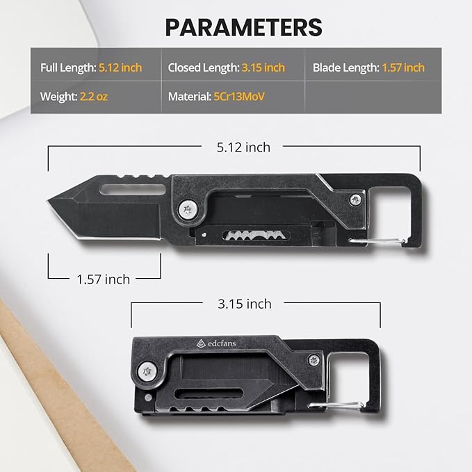 edcfans Keychain Knife, Carabiner Multitool, Tanto Pocket Knife with Key Clip, Box Cutter, Can/Bottle Opener, Screwdriver Wrench, Pry Tools, EDC Hiking Camping Gear, Gifts for Men Women Everyday Carry