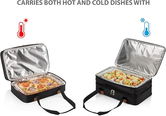 Stack Store Plus More Insulated Casserole Carrier for Hot or Cold Food, Lasagna Holder for Picnic, Potluck, Cookout - Fits 9” x 13” and 11” x 15” Baking Dish – Expandable Double Thermal Bag in Black