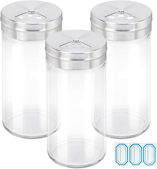 Segarty Spice Jar, 3 Pack 4 oz Glass Spice Jars with Shaker Lids, Clear Seasoning Organizer Spice Containers with Adjustable Pour Holes for Kitchen Cabinet, Salt Shakers with Stainless Lid