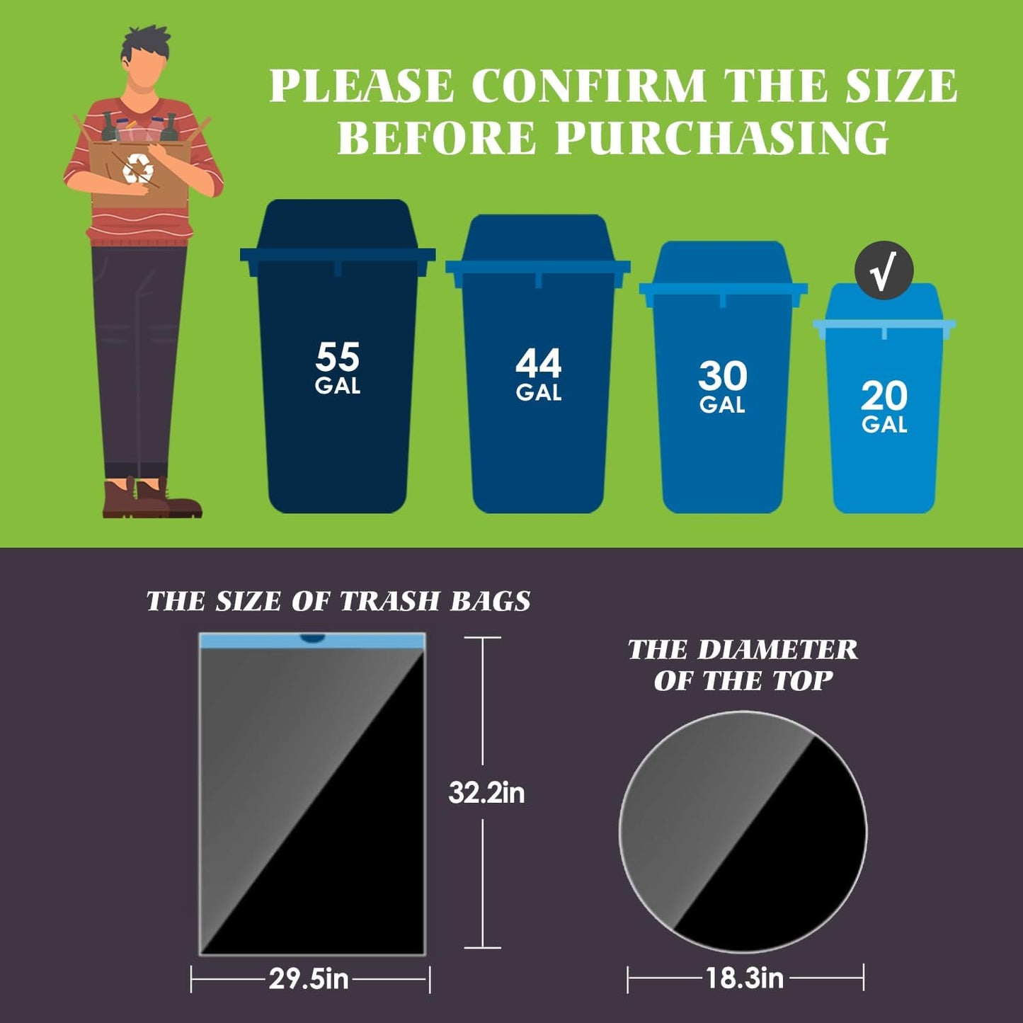 Teivio 20 Gallon 60 Counts (fit 18-20 Gal) Large Drawstring Trash Bags Strong Tall Kitchen Compactor Bags Garbage Bags for Home/Office/Light Residential Waste/Outdoor Trash Can, Lawn，Black Trash Bags