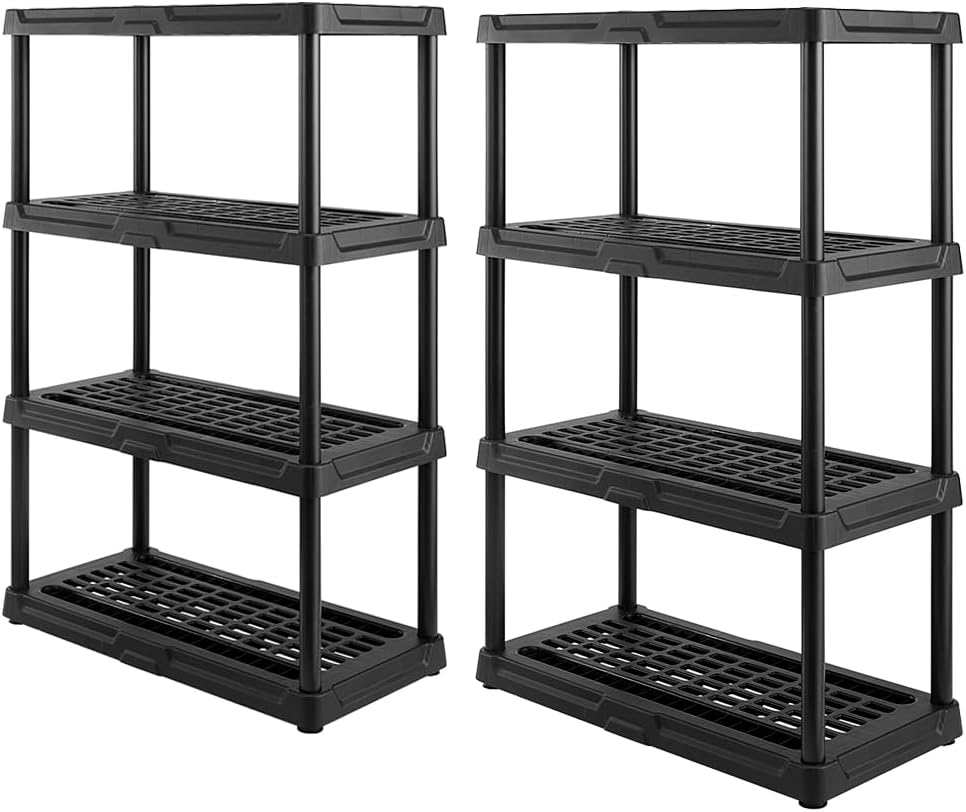 CX 4-Tier (53”H x 36”W x 18”D) Plastic Storage Shelving Unit (Black) 2 Pack, Heavy Duty, 150lbs Per Shelf Capacity, Indoor/Outdoor Storage Organization in Home, Garage, Office, Easy Assembly