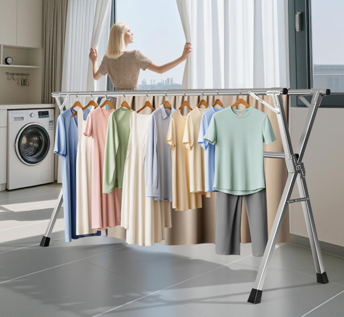 95 Inches Heavy - Duty Stainless Steel Folding Clothes Drying Rack - Indoor/Outdoor Use, Anti-Rust, 20 Windproof Hooks, Portable & Foldable (95'')