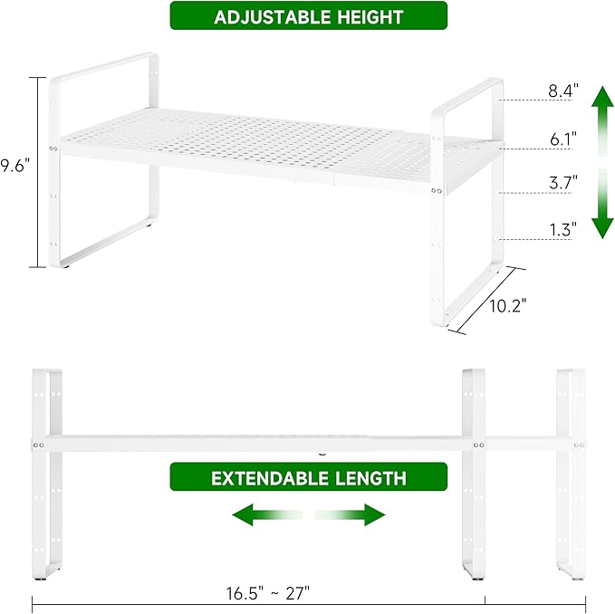 Expandable Kitchen Cabinet Shelf Organizer Rack Heavy Duty Metal Spice Rack Stackable Kitchen Counter Storage Shelf for Cabinet Pantry Bathroom (White - 16.5"-27" L x 10.2" W x 9.6" H - 2Pack)