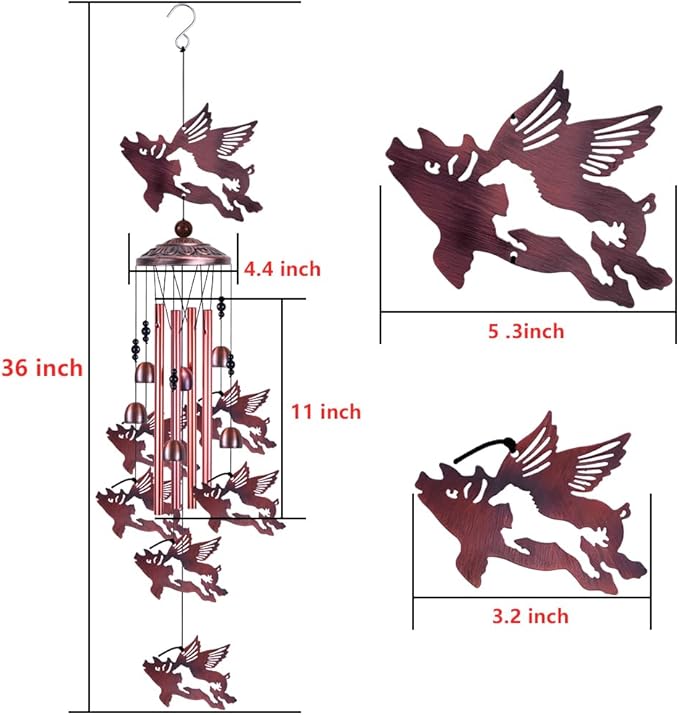 Outdoor Flying Pig Wind Chimes Indoor Decor - Hand-Made Mobile Romantic Wind Catcher, 37" Pigs Wind Chime for Home, Balcony, Patio, Garden Decoration, Gift for Mom, (4 Tubes, 6 Bells, 7 Flying Pigs)