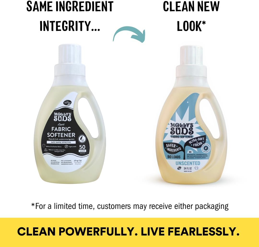 Molly’s Suds Fabric Softener Liquid for Sensitive Skin | Vinegar-Powered, Infused with Essential Oils | Fights Static, Reduces Wrinkles, Deodorizes | Unscented, 50 Loads