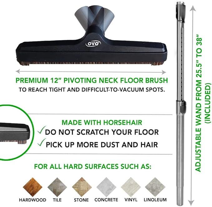 OVO Central Vacuum Deluxe, 35ft ON/OFF Low-voltage Hose, 12’’ premium floor brush, cleaning tools and easy storage accessories, For hard surfaces