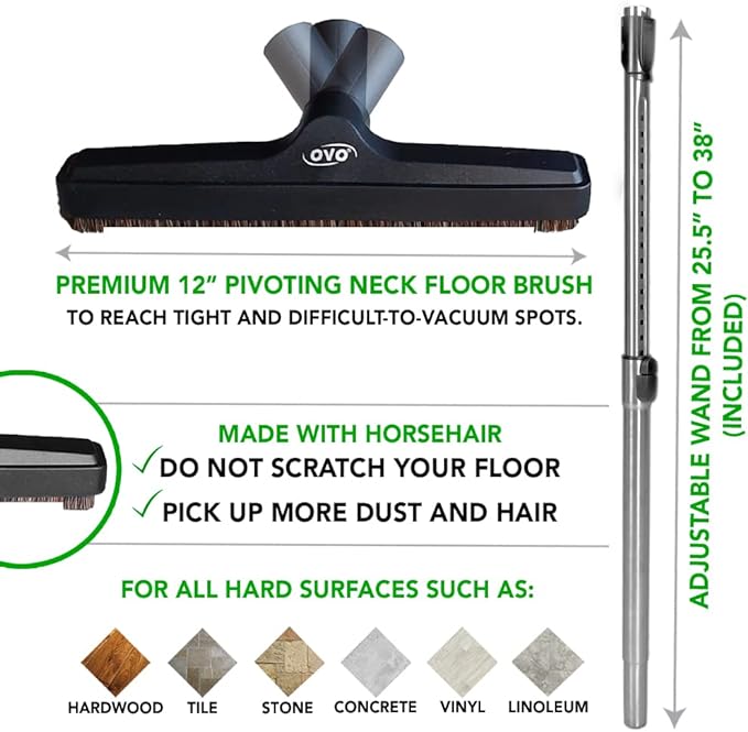 OVO Central Vacuum Deluxe Plus Kit, 50ft ON/Off Low-Voltage Hose, Air Driven Carpet Beater, 12’’ Premium Floor Brush, Cleaning Tools and Easy Storage Accessories