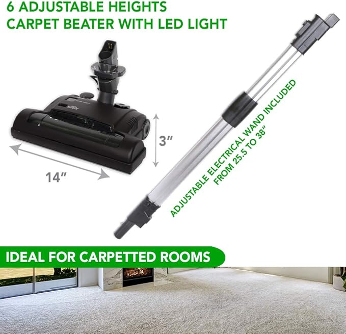 OVO Central Vacuum Carpet Deluxe Accessory Kit, 30ft Dual Voltage Hose with Pigtail, On-Off Switch at The Handle, 6 Adjustable Heights Electric Carpet Beater, 12’’ Floor Brush and Accessories, Black