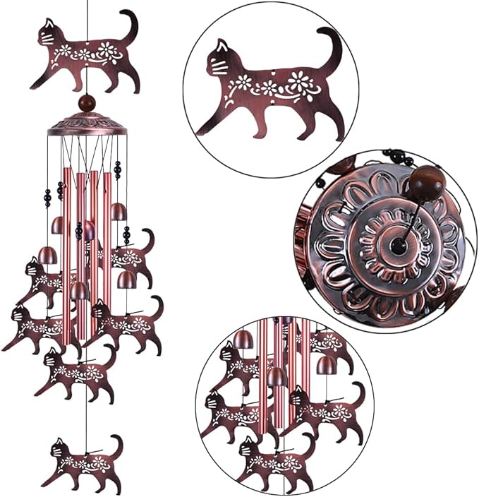 Outdoor Cat Wind Chimes Gifts for Mom - with 4 Tubes 6 Bells 7 Cats Wind Bell, Romantic Wind Catcher, Mobile Cat Decor, Cats Bell, Cats Windchimes for Home, Balcony, Tree, Festival, Garden Decoration