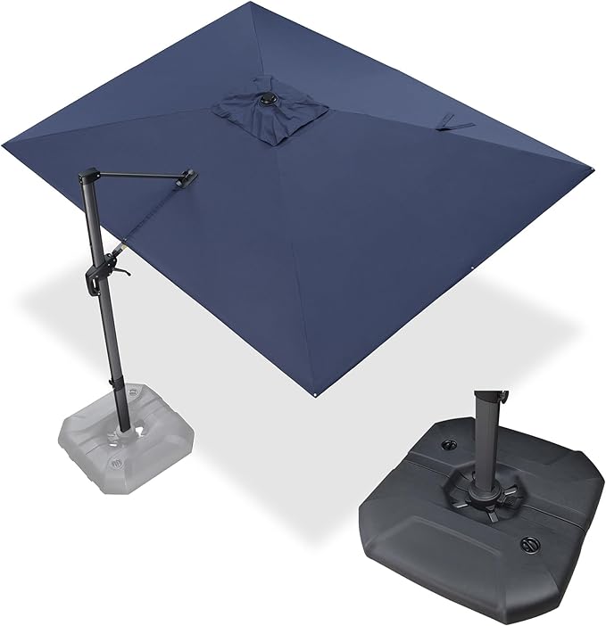 PURPLE LEAF 9' X 11.5' Cantilever Outdoor Rectangle Umbrella Patio Umbrella with Base Offset Umbrella with 360-degree Rotation for Garden Pool Deck Patio Navy Blue
