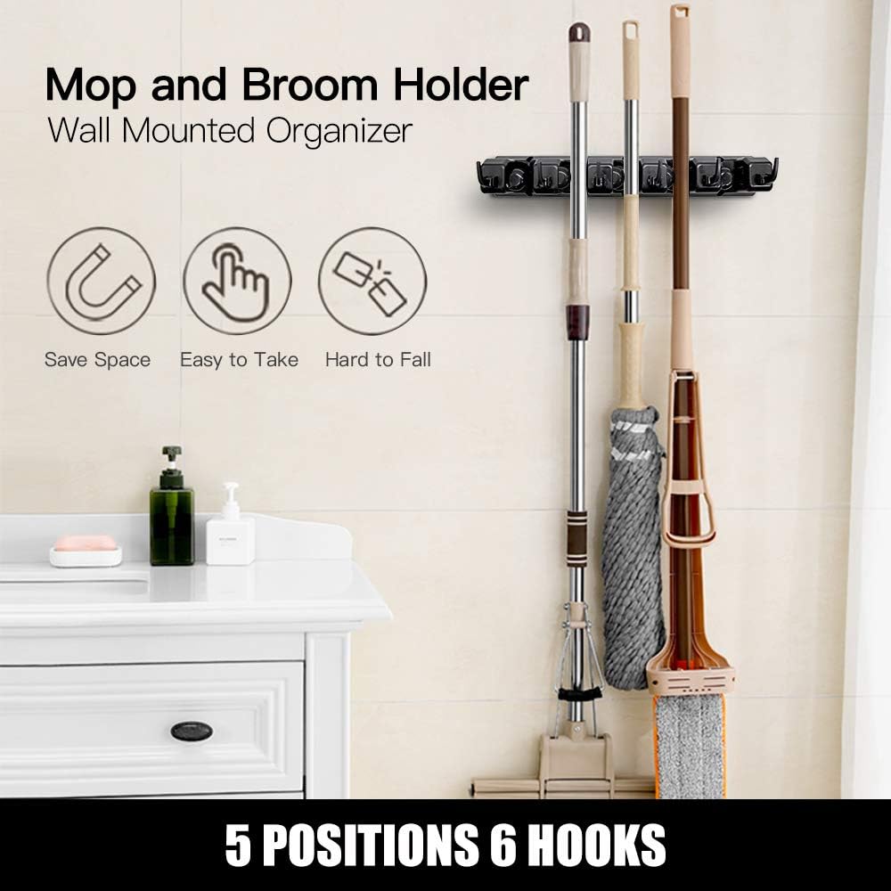 IMILLET Mop and Broom Holder, Wall Mounted Organizer-Mop and broom Storage Tool Rack with 5 Ball Slots and 6 Hooks (Black)