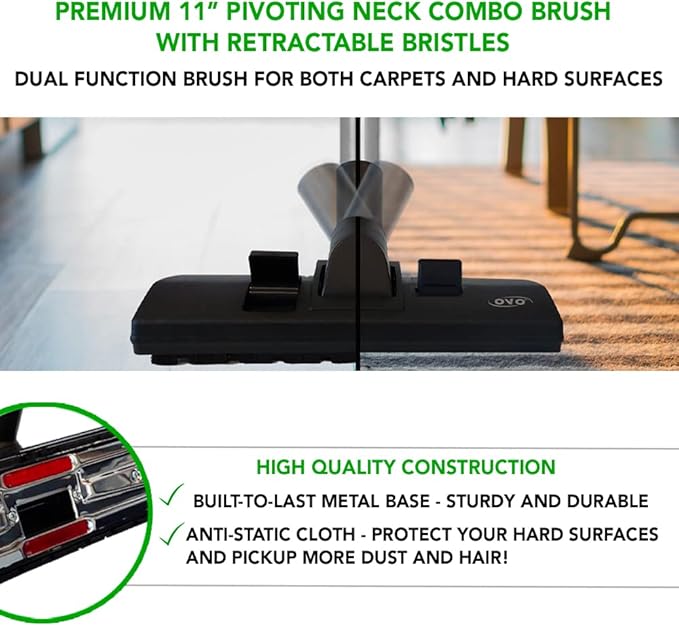 Ovo Central Vacuum Standard Accessories Kit, With 30ft Low-Voltage hose, ON/OFF Switch Control at the handle, 12’’ Combo brush and accessories, For hard surfaces and carpets