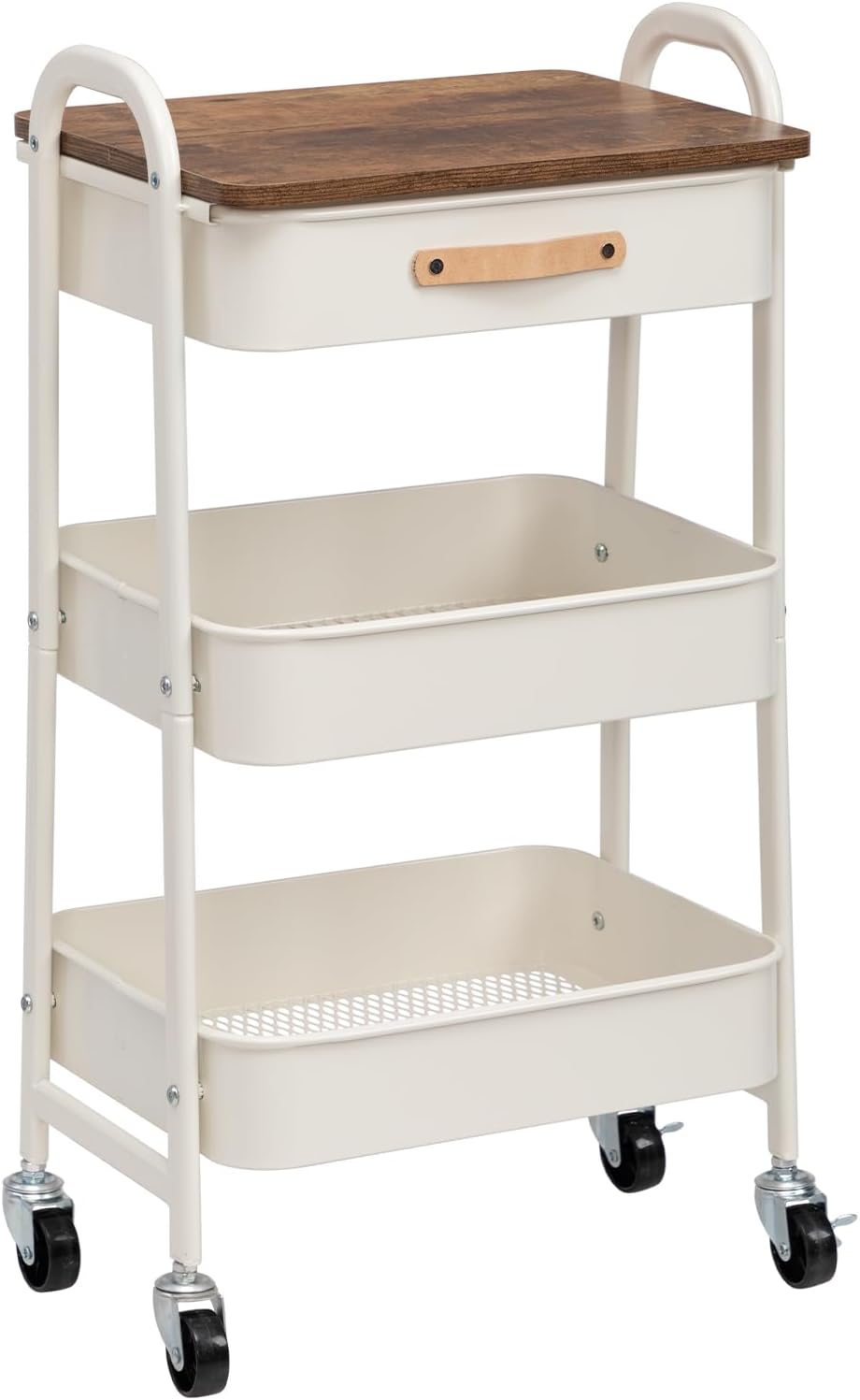 AGTEK Rolling Organizer Cart with Drawer, 3 Tier Movable Metal Utility Cart with Drawer, Mobile Trolley Cart for Home & Office, White