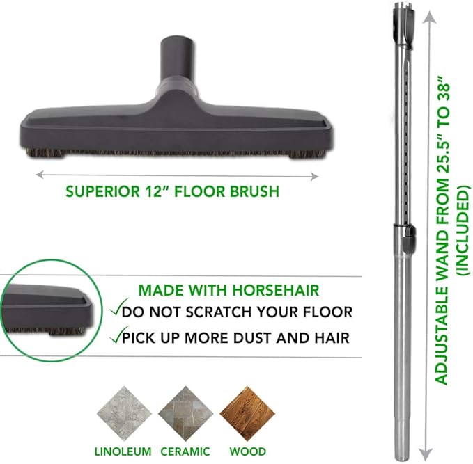 OVO Central Vacuum Carpet Deluxe Accessory Kit, 30ft Dual Voltage Hose with Pigtail, On-Off Switch at The Handle, 6 Adjustable Heights Electric Carpet Beater, 12’’ Floor Brush and Accessories, Black