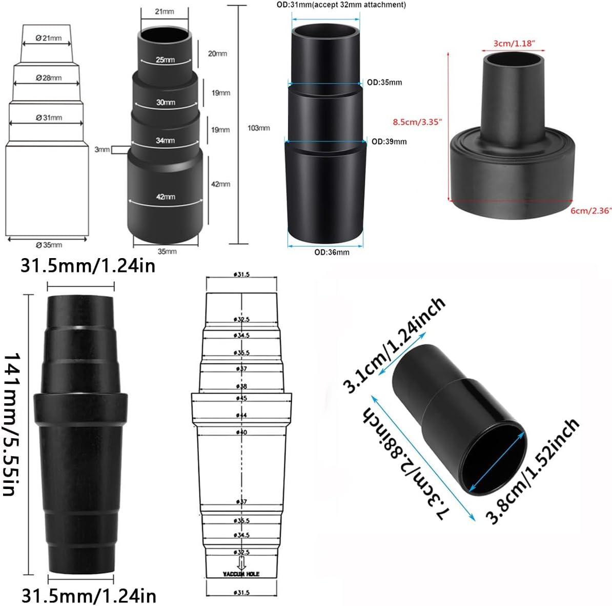 Universal Vacuum Hose Adapter Kit Reducer Attachment Set,Shop Vac Vacuum Hose Adapter 1 1/2 to 1 1/4 inch, 1 3/8 inch to 1 1/4 inch