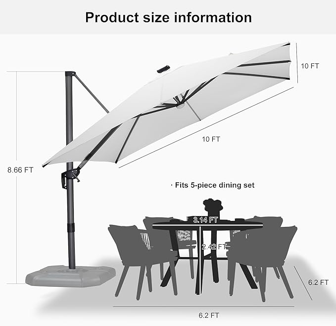 PURPLE LEAF 10 Feet Patio Umbrella with Base Outdoor Cantilever Solar Powered LED Square Umbrella Aluminum Offset Umbrella with 360-degree Rotation for Garden Deck Pool Patio White