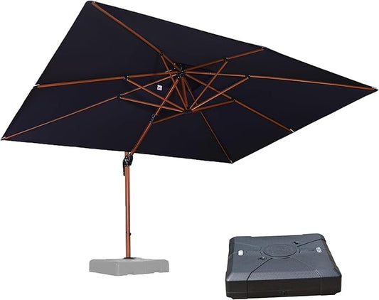 PURPLE LEAF 10' X 13' Double Top Deluxe Wood Pattern Rectangle Patio Umbrella with Base Offset Hanging Umbrella Outdoor Market Umbrella Garden Umbrella, Navy Blue