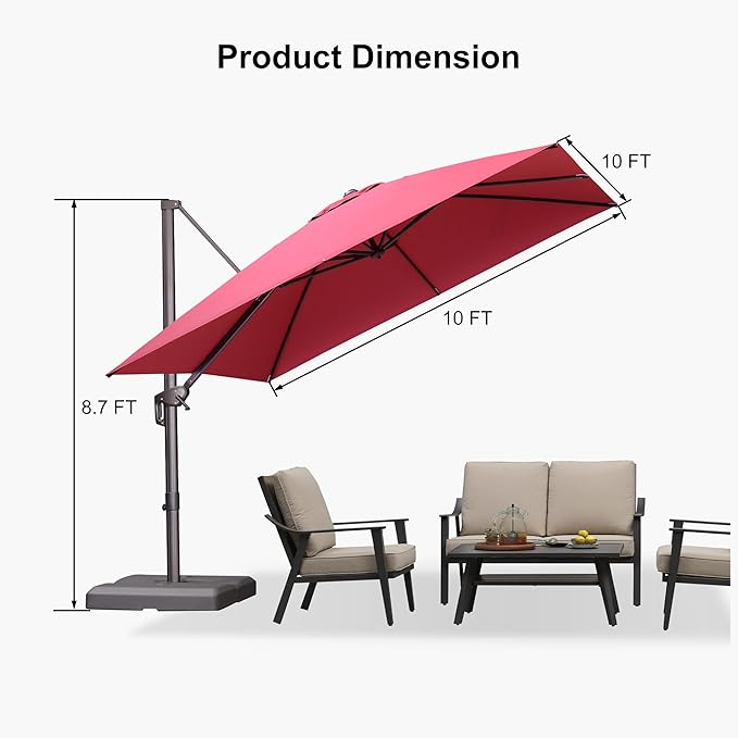 PURPLE LEAF 10 Feet Patio Cantilever Umbrella Square Outdoor Umbrella with 360° Rotation and Aluminum Offset Hanging for Garden Backyard Pool, Terra