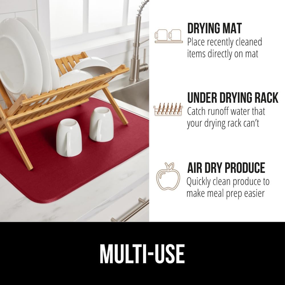 GORILLA GRIP Ultra Water Absorbent Microfiber Dish Drying Mat, 18x24, Quick Dry Thick Mesh, Slip Resistant Pad for Sink Dishes or Under Rack, Kitchen Counter Accessories, Machine Wash Mats, Red