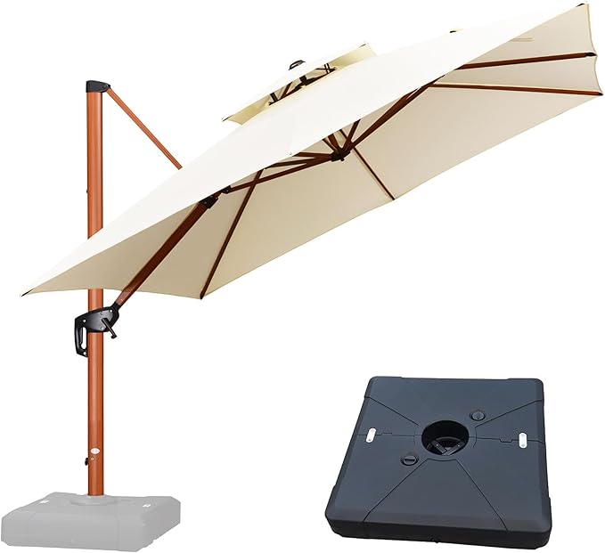 PURPLE LEAF 10ft Patio Umbrella with Base Outdoor Square Umbrellas Large Cantilever Umbrella Windproof Offset Heavy Duty Sun Umbrellas for Garden Deck Pool Patio, Cream