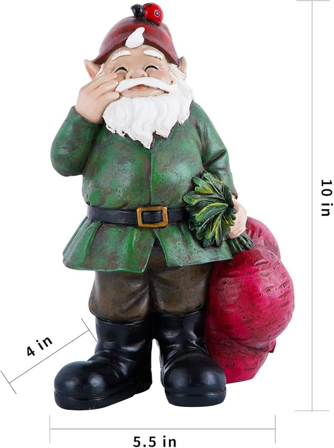 Topadorn Gnomes Figurine Resin Sculpture Garden Gnome Drag a Brunch of Radishes Statue with a Ladybug for Indoor Outdoor Decor, Radish Harvest 10 Inch, Weatherproof Garden Gnome Yard Statue Decor