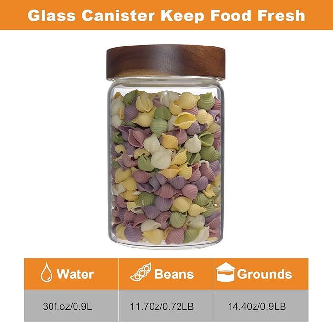 Glass Coffee Jars Spice Jar Round Storage Canister with Wooden Lid Clear Glass Food Jar for Pantry Sugar Tea Coffee Bean Spice Nuts Cookies Bath Salts (900ml/30oz-1 pack)