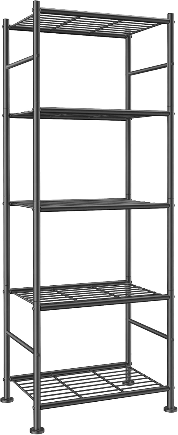 Storage Shelves - 5 Tier Shelf Organizer, Sturdy Metal Garage Shelving with Adjustable Leveling Feet, Space-Saving Shelves Organizer for Pantry, Laundry, Kitchen (18" x 12" x 57", Black)