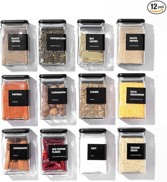 Glass Square Spice Jars with Labels, 4oz Glass Jars with Bamboo Lids, Spice Bottles, Seasoning Organizer, 12 Pack (Black)